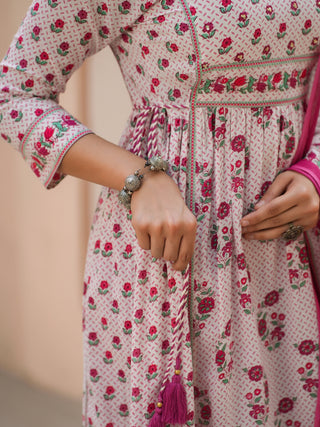 Women Pink Floral Printed Pure Cotton A-line Kurta With Solid Trouser And With Printed Dupatta