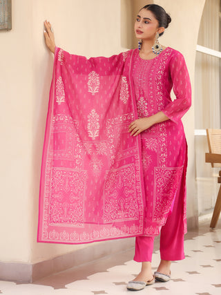 Pink Ethnic Motif Print 3-Piece Straight Kurta Set