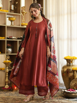 Brick Red Chanderi A-Line Kurta Set