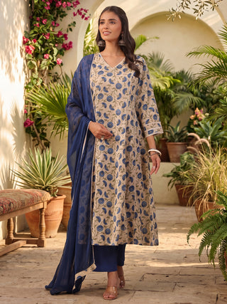 Beige Ethnic Motif Print Lace 3-Piece Kurta Set