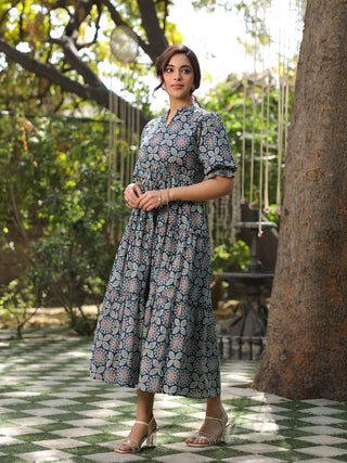 Women Rust And Blue Floral Ethnic A-line Pure Cotton Midi Ethnic Dress