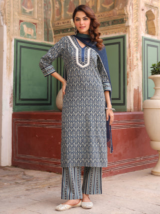 Women Ethnic Motifs Printed Regular Pure Cotton Kurta with Trousers & With Dupatta