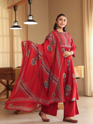 Women Ethnic Motifs Printed Regular Thread Work Pure Cotton Kurta with Trousers & With Dupatta (Copy)
