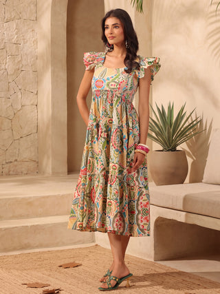 Multicolor Printed Cotton Fit-and-Flare Sleeveless Dress