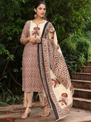 Rust Striped Embroidered 3-Piece Straight Kurta Set