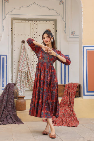 Printed V-Neck Fit and Flare Ethnic Dresses