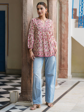 Pink Ethnic Motif Print Lace Top