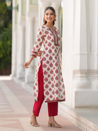 Beige Ethnic Motif Print Lace Kurta