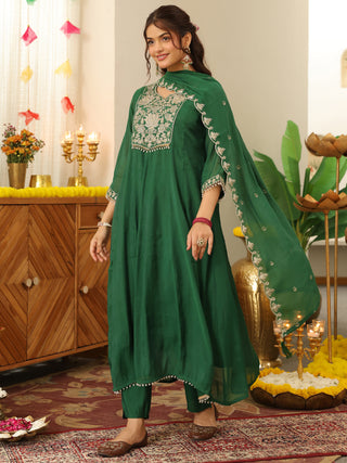 Green Embroidered Anarkali Kurta Set with Pocket
