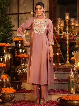 Mauve Embroidered Chanderi A-Line Kurta Set with Pocket