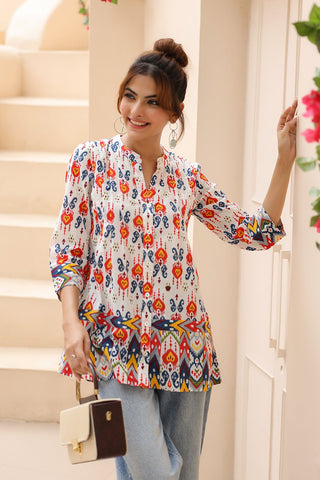 Floral Print Mandarin Collar Cotton Top