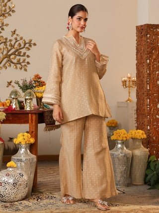 Champagne Beige Woven Butti Tissue Co-Ord Set