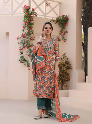 Women Green Floral Printed Pure Cotton Straight Kurta With Trouser And Dupatta