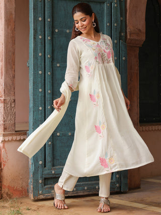 White Floral Embroidered 3-Piece Anarkali Kurta Set