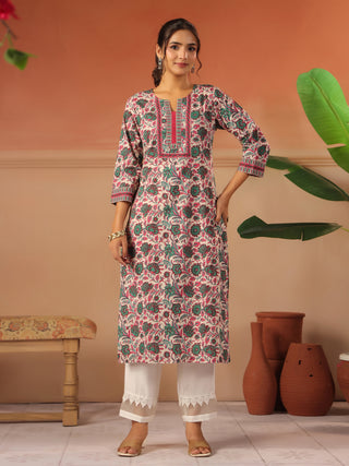 Green Floral Print Cotton Straight Kurta