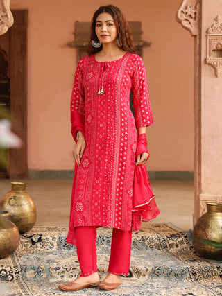 Pink Floral Embroidered Lace 3-Piece Straight Kurta Set