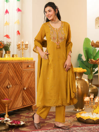 Green Embroidered Cotton A-Line Kurta Set