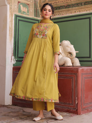 Floral Embroidered Mirror Work Pure Cotton Kurta With Trouser & Dupatta