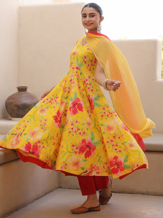 Yellow Floral Print Flared Anarkali Kurta Set