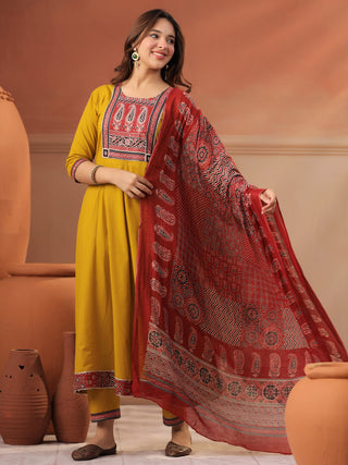 Mustard Printed 3-Piece Anarkali Kurta Set