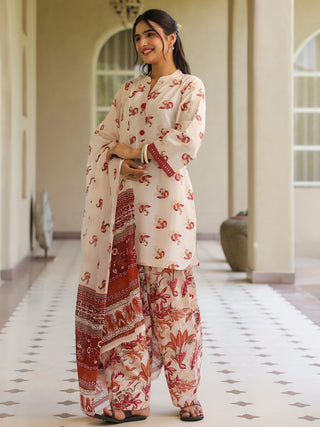 Off White Ethnic Motif Print Lace 3-Piece A-Line Kurta Set