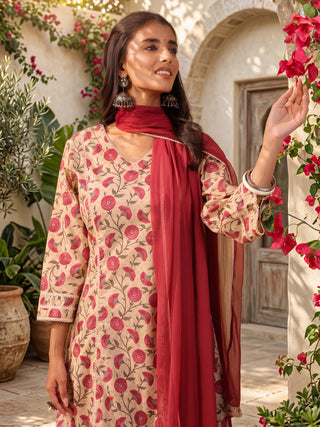 Beige Ethnic Motif Print Lace 3-Piece Kurta Set