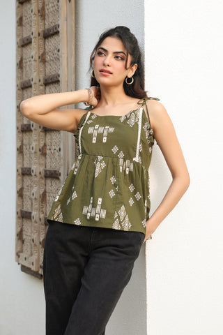 Green Abstract Print Fit & Flare Top
