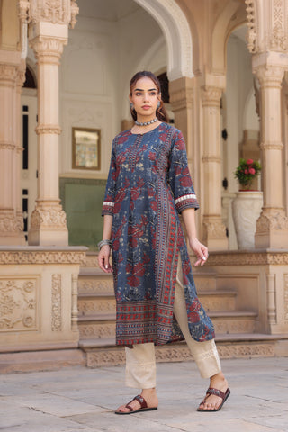 Women Floral Printed Thread Work Kurta