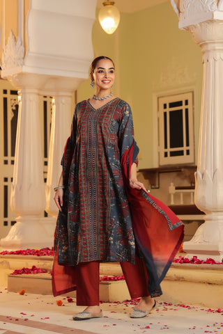 Blue Floral Print Embroidered 3-Piece Kurta Set