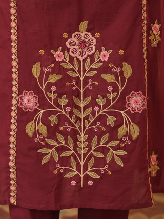 Wine Floral Embroidered Cotton Straight Kurta Set