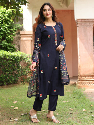 Navy Blue Floral Embroidered 3-Piece Straight Kurta Set
