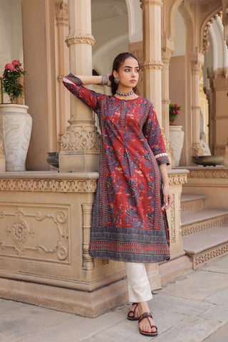 Women Floral Printed Thread Work Kurta