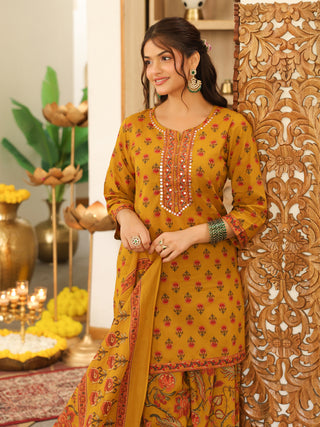 Mustard Yellow Floral Print Cotton Straight Kurta Set