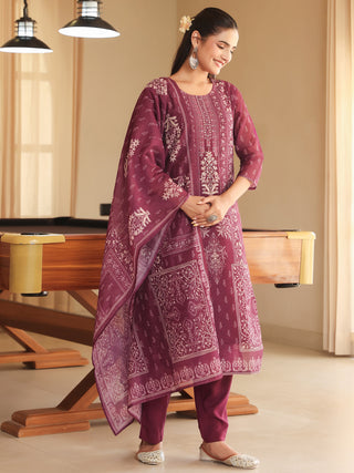 Wine Ethnic Motif Print 3-Piece Straight Kurta Set