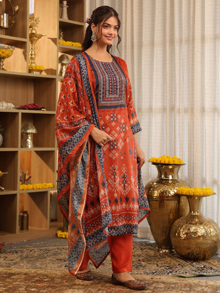 Rust Ikat Print Chanderi Straight Kurta Set