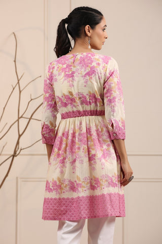 Women Cream and Pink Floral Printed A-Line Tunic