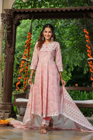 Women Pink Floral Printed Sequined Anarkali Kurta Set