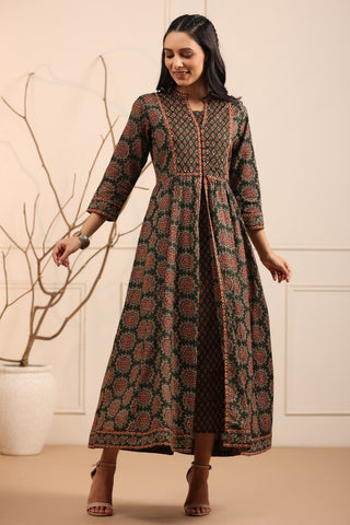 Women Green Ethnic Motifs Printed Pure Cotton Anarkali Kurta