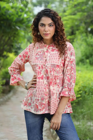 Women Peach Floral Printed Ruffle Top