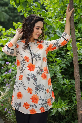 Cream & Orange Floral Lace Kurti