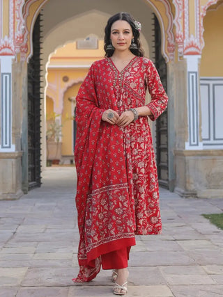 Women Red Floral Printed Empire Line Anakali Kurta With Trouser And Dupatta