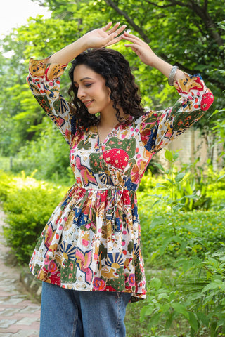 Women White Tribal Print Empire Top
