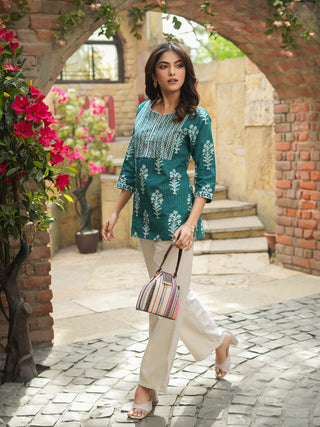 Women Teal & Off-White Printed Sequined Pure Cotton Kurti