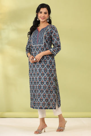 Women Blue Ethnic Printed Gotta Patti Straight Kurta