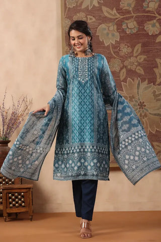 Women Blue Ethnic Motifs Printed Kurta Set