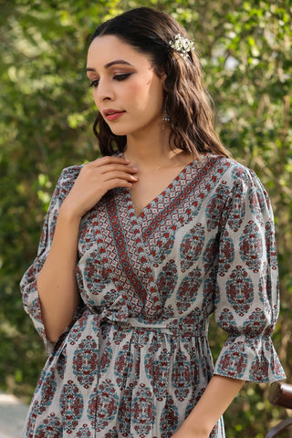 Women Grey Ethnic Motifs Printed Tie Up Pure Cotton Wrap Dress