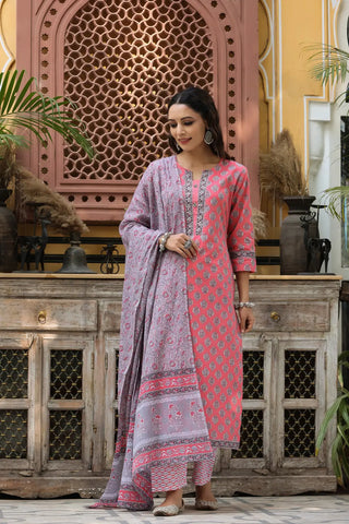 Women Pink Ethnic Printed Pure Cotton Straight Kurta with Trousers & Dupatta