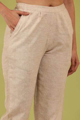 Women Textured Cotton Pleated Cigarette Trousers