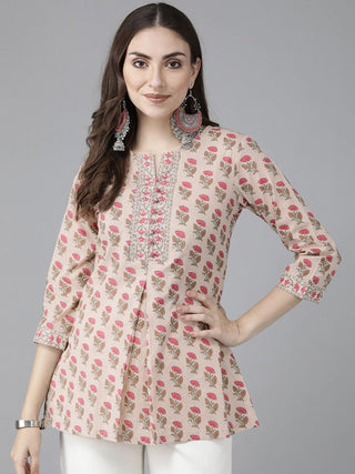 Women Floral Printed Sequinned Cotton A-Line Kurti