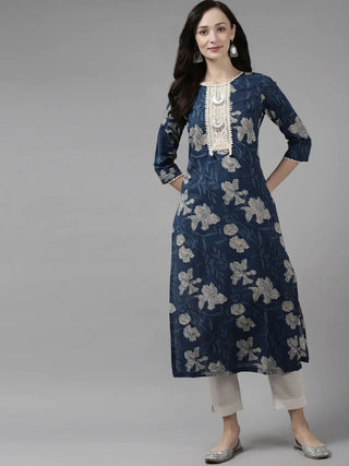 Women Blue Floral Printed Pure Cotton Straight Kurta